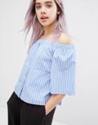Monki 3/4 Sleeve Striped Bardot Top - Blue