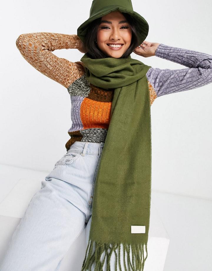 Topshop Super Soft Scarf With Woven Tab In Green - Mgreen