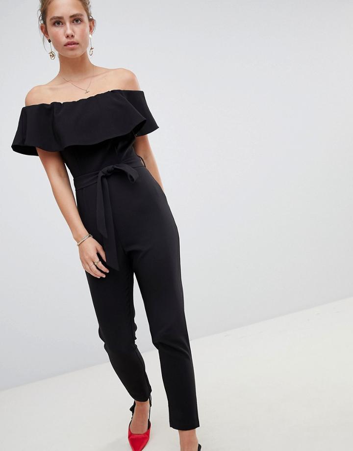 Miss Selfridge Bardot Jumpsuit With Tie Waist - Black
