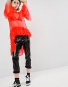 Asos Mesh T-shirt With Dipped Back And Ruffles - Orange