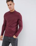 Asos Design Long Sleeve Polo In Pique With Button Down Collar In Red - Red