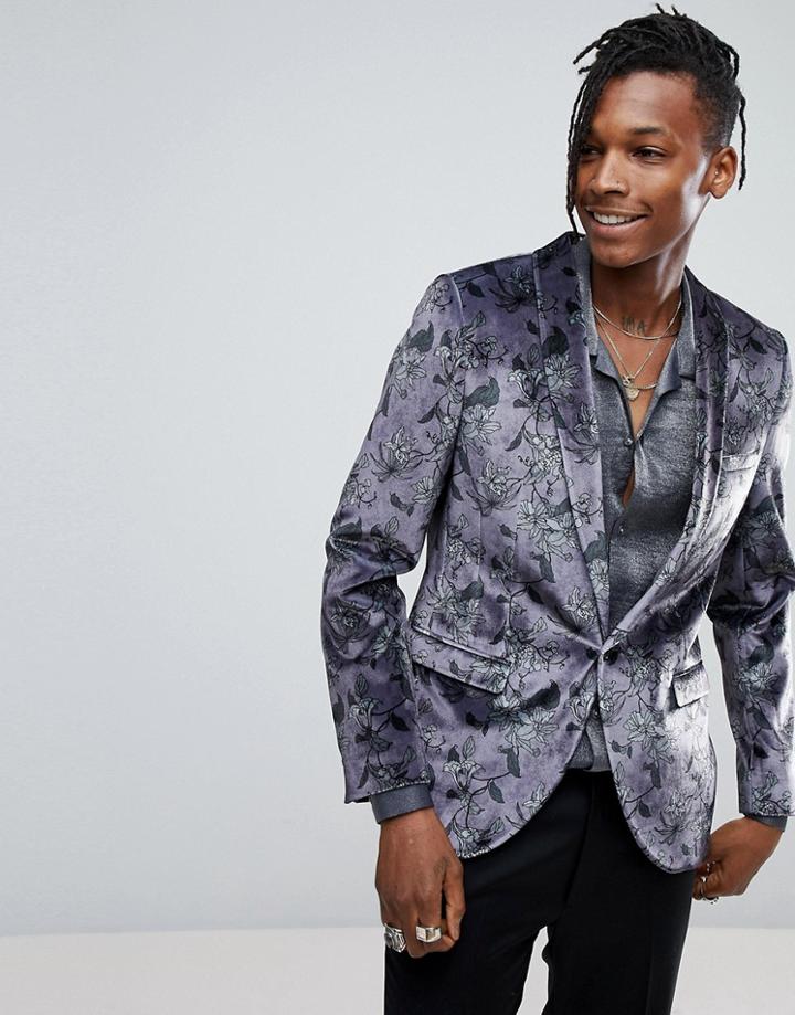 Noose & Monkey Super Skinny Blazer In Floral Velvet - Purple