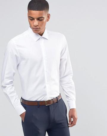 Number Eight Savile Row Skinny Smart Shirt In Herringbone - White