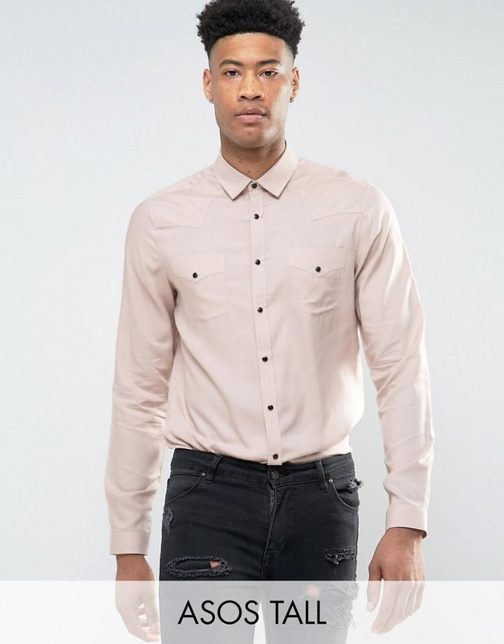 Asos Tall Regular Fit Viscose Western Shirt In Pink - Pink