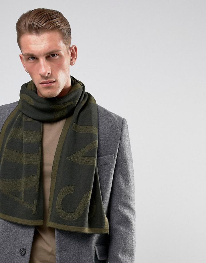 Armani Jeans Large Logo Wool Mix Scarf In Khaki - Green