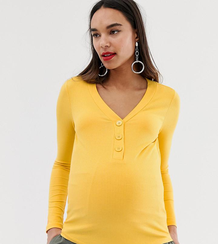New Look Maternity Button Down Rib Long Sleeve Top In Bright Yellow - Yellow