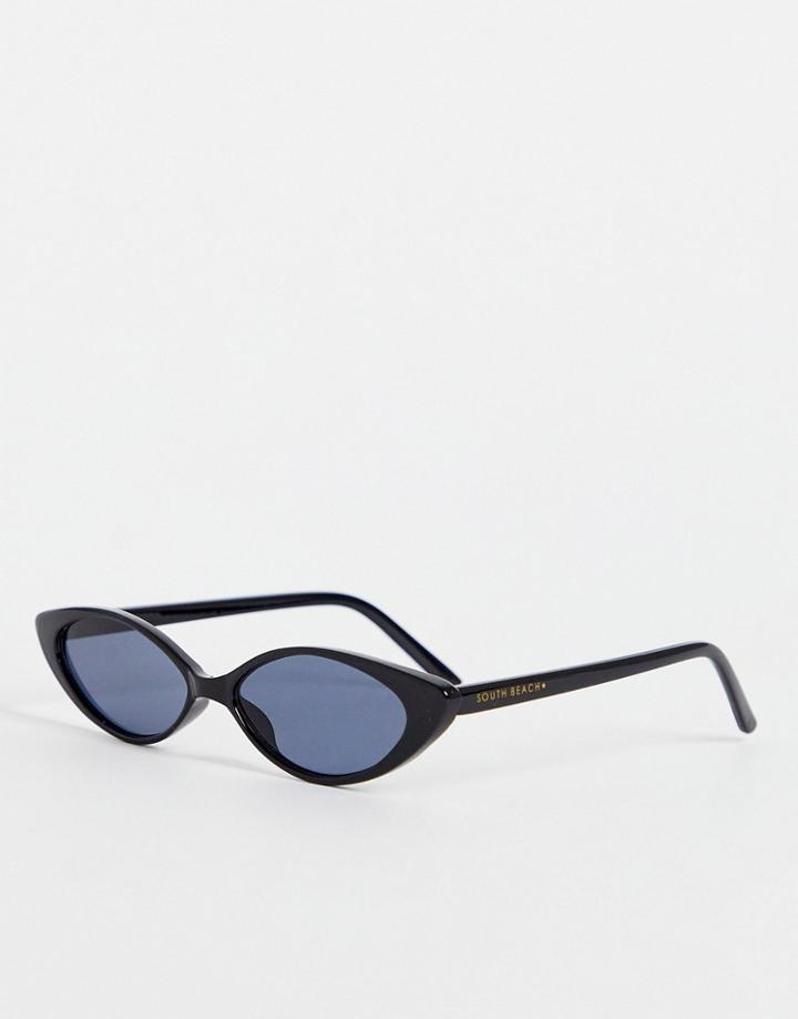 South Beach 90s Slim Frame Cateye Sunglasses In Black