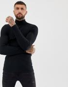 Asos Design Long Sleeve Muscle Fit T-shirt In Rib With Roll Neck In Black - Black