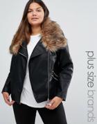 New Look Plus Faux Fur Collar Leather Look Jacket - Black