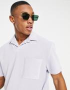 Asos Design Relaxed Polo T-shirt In Gray Ribbed Velour