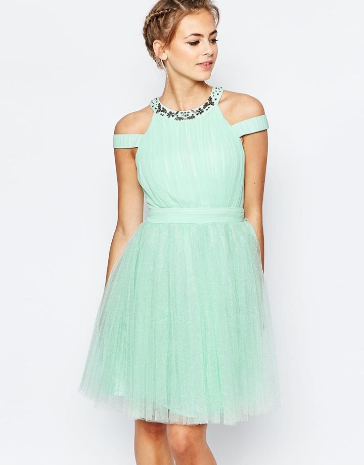 Little Mistress High Neck Tulle Dress With Embellished Neck - Mint