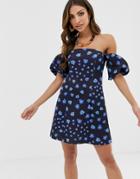 Asos Design Botanical Floral Lace Insert Ruffle Mini Skater Dress-white