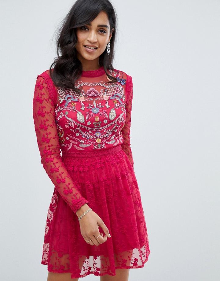 Frock And Frill Embroidered Lace Prom Skater Dress In Berry