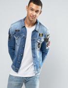 Replay Denim Trucker Jacket With Badges - Blue