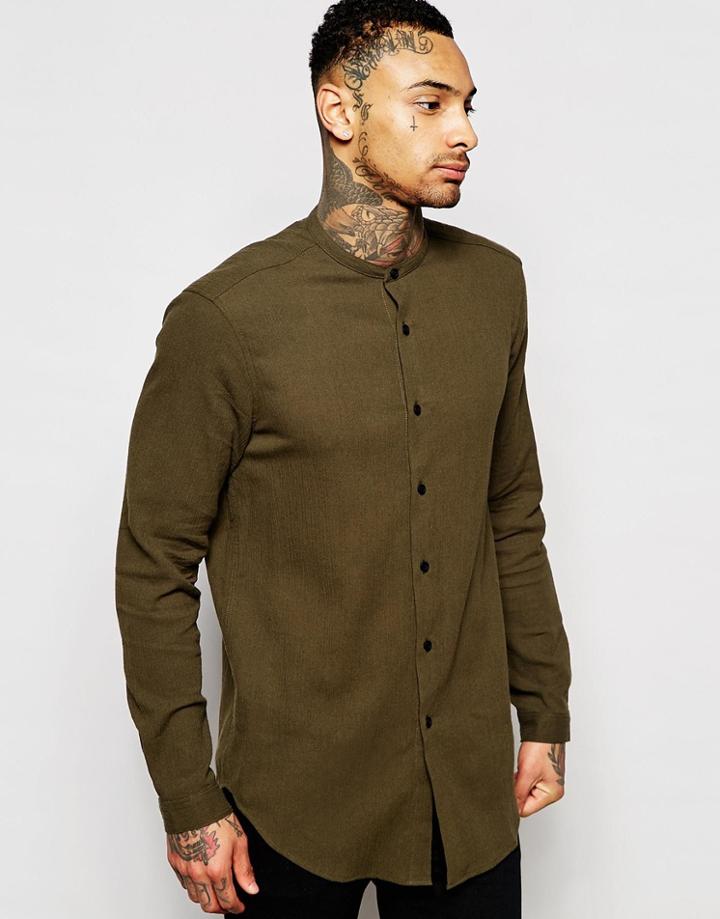 Asos Sheer Shirt In Khaki With Grandad Collar In Regular Fit - Khaki