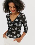 & Other Stories Sheer Floral Ruched Top In Black - Black