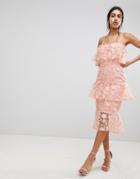Asos Design Tiered Pencil Midi Dress In 3d Floral Embroidery-pink