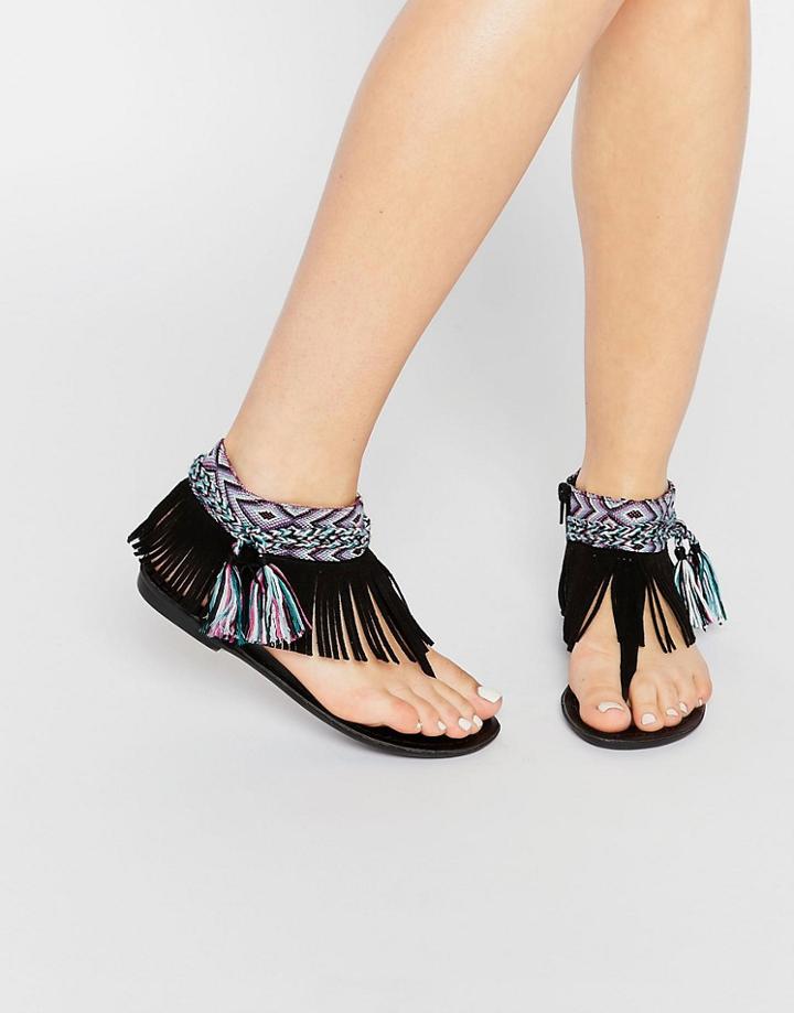 New Look Geo-tribal Fringe Sandal - Black