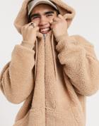 Asos Design Oversized Zip Up Hoodie In Beige Teddy Borg-neutral