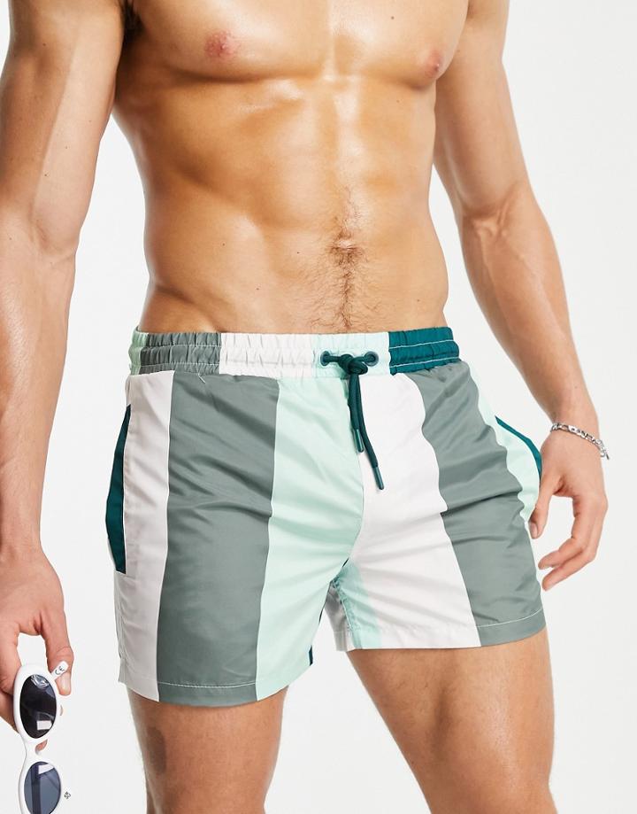 River Island Stripe Swim Shorts In Green