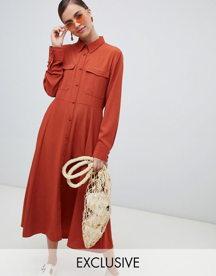 Monki Button Up Midi Dress With Pockets In Rust-navy