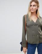 New Look Double Breasted Blouse In Khaki - Green