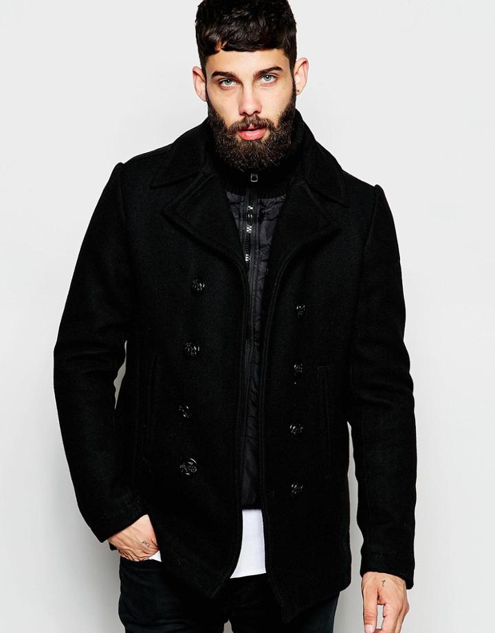 Schott Pea Coat With Insert - Black