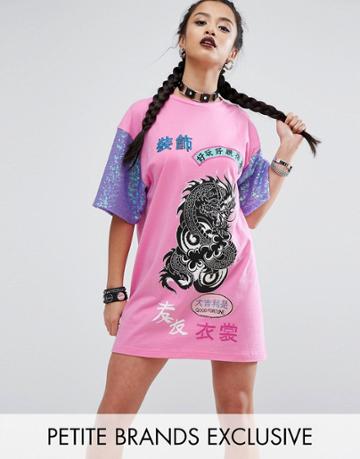 Jaded London Petite Oversized Rock Tshirt Dress With Contrast Sequin Sleeve Detail - Pink