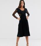 Asos Design Tall Lace And Pleat Long Sleeve Midi Dress-black