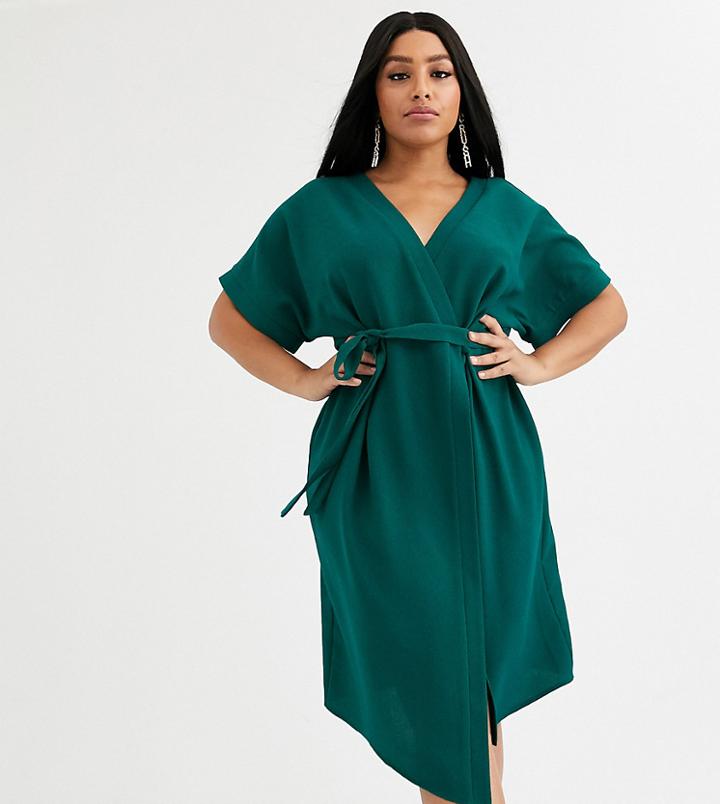 Asos Design Curve Wrap Midi Dress-green