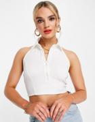 Glamorous High Collar Button Front Crop Top In Rib-white