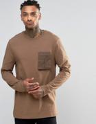Asos Longline Long Sleeve T-shirt With Military Pocket - Brown