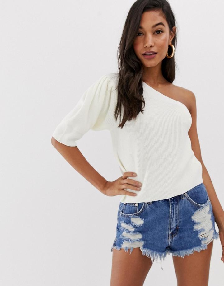Asos Design One Shoulder Puff Sleeve Sweater-cream