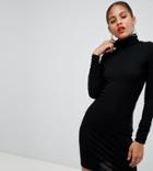 Asos Design Tall High Neck Rib Bodycon Mini Dress With Long Sleeves - Black