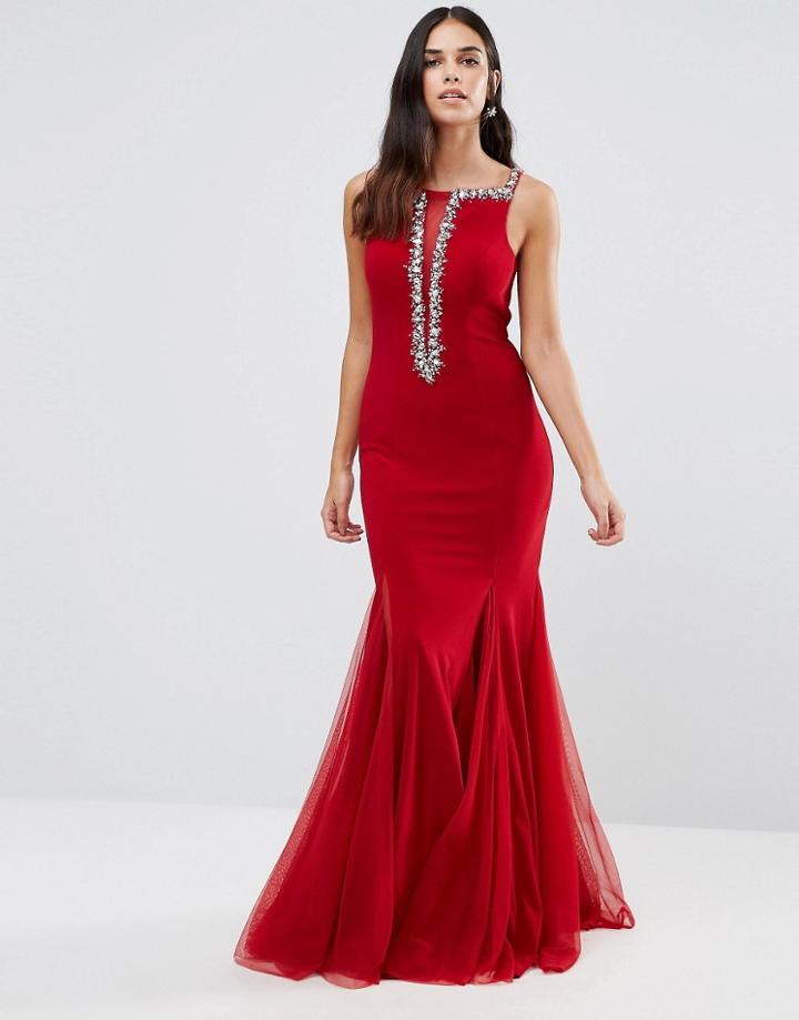 Forever Unique Estelle Maxi Dress With Embellished Mesh Plunge Detail - Red