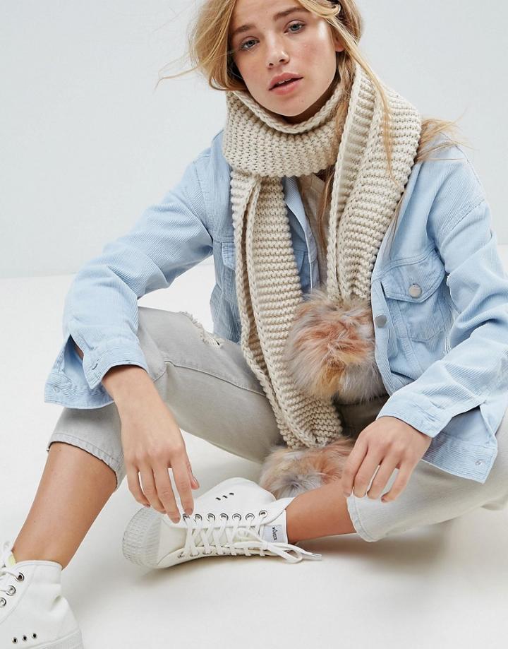 New Look Knit Scarf With Poms - White