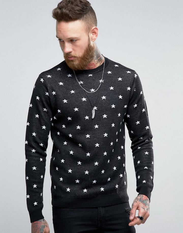 Asos Merino Blend Sweater With Stars - Navy