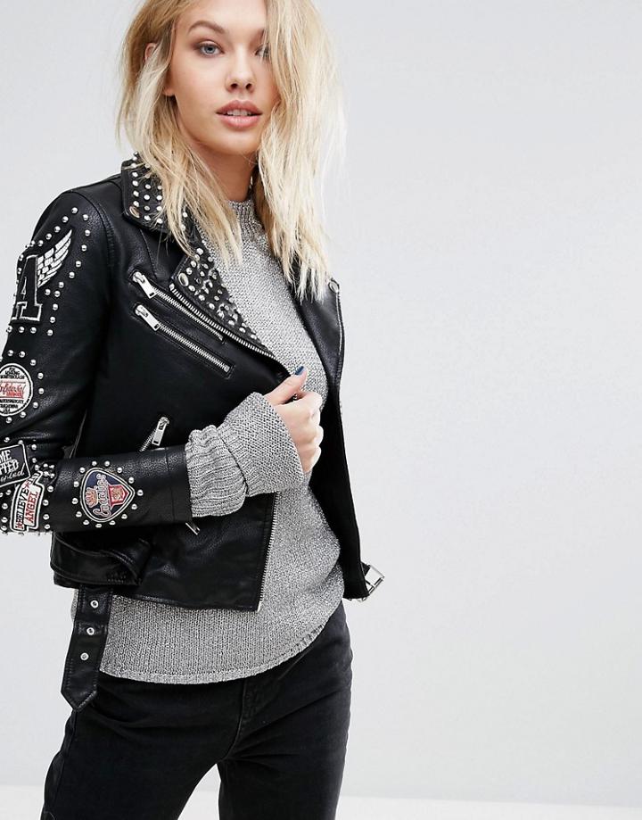 Mango Embroidered Detail Leather Look Jacket - Black