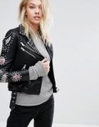 Mango Embroidered Detail Leather Look Jacket - Black