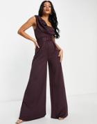 Asos Design Scuba One Shoulder Wide Leg Belted Jumpsuit In Aubergine-purple