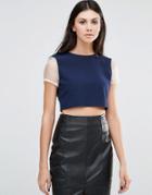 Hedonia Cropped Top With Contrast Sleeves - Navy