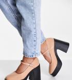 Asos Design Wide Fit Penny Platform Mary Jane Heeled Shoes In Beige-neutral