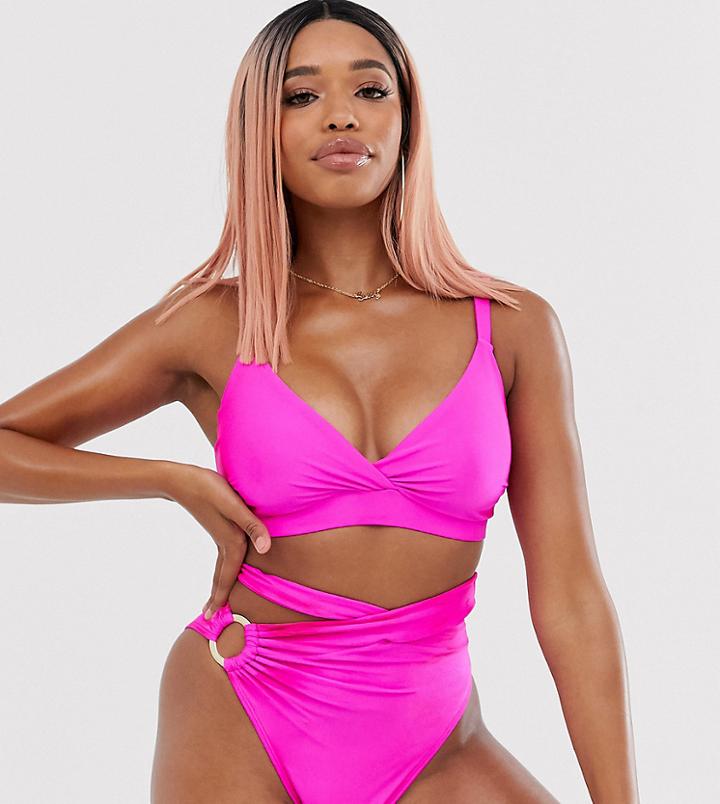 Asos Design Fuller Bust Exclusive Cross Wrap Ring Detail High Waist Bikini Bottom In Influencer Pink