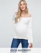 Asos Maternity Sweater In Rib With Off Shoulder And Fluted Sleeves - Cream