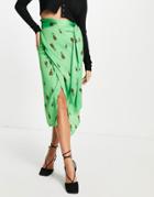 Never Fully Dressed Satin Wrap Midi Skirt In Green Leopard Pineapple Print - Part Of A Set