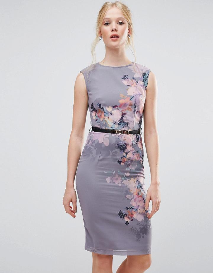 Little Mistress Floral Print Chiffon Bodycon Dress - Gray