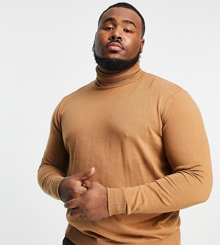 Threadbare Plus Cotton Roll Neck Sweater In Camel-brown