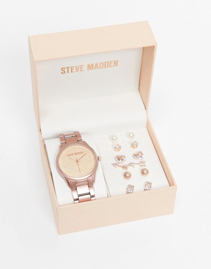Steve Madden Watch And Six Piece Earring Set In Rose-pink