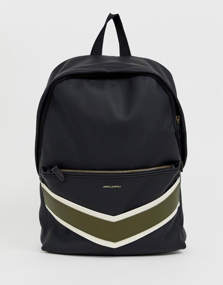 Asos Design Faux Leather Backpack In Black With Chevron Pocket - Black