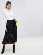 Asos Design Button Through Midi Skirt In Polka Dot With Oversized Pockets-multi